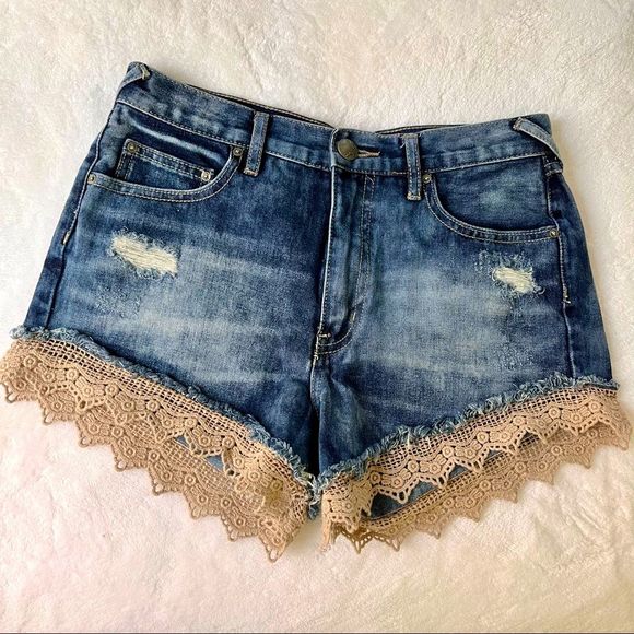 Free People Pants - Free People Lace Trim Distressed Jean Shorts, Size 27, Size 4